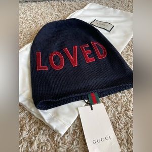 New GUCCI Sequined "Loved" Navy Beanie Hat NWT Size Small